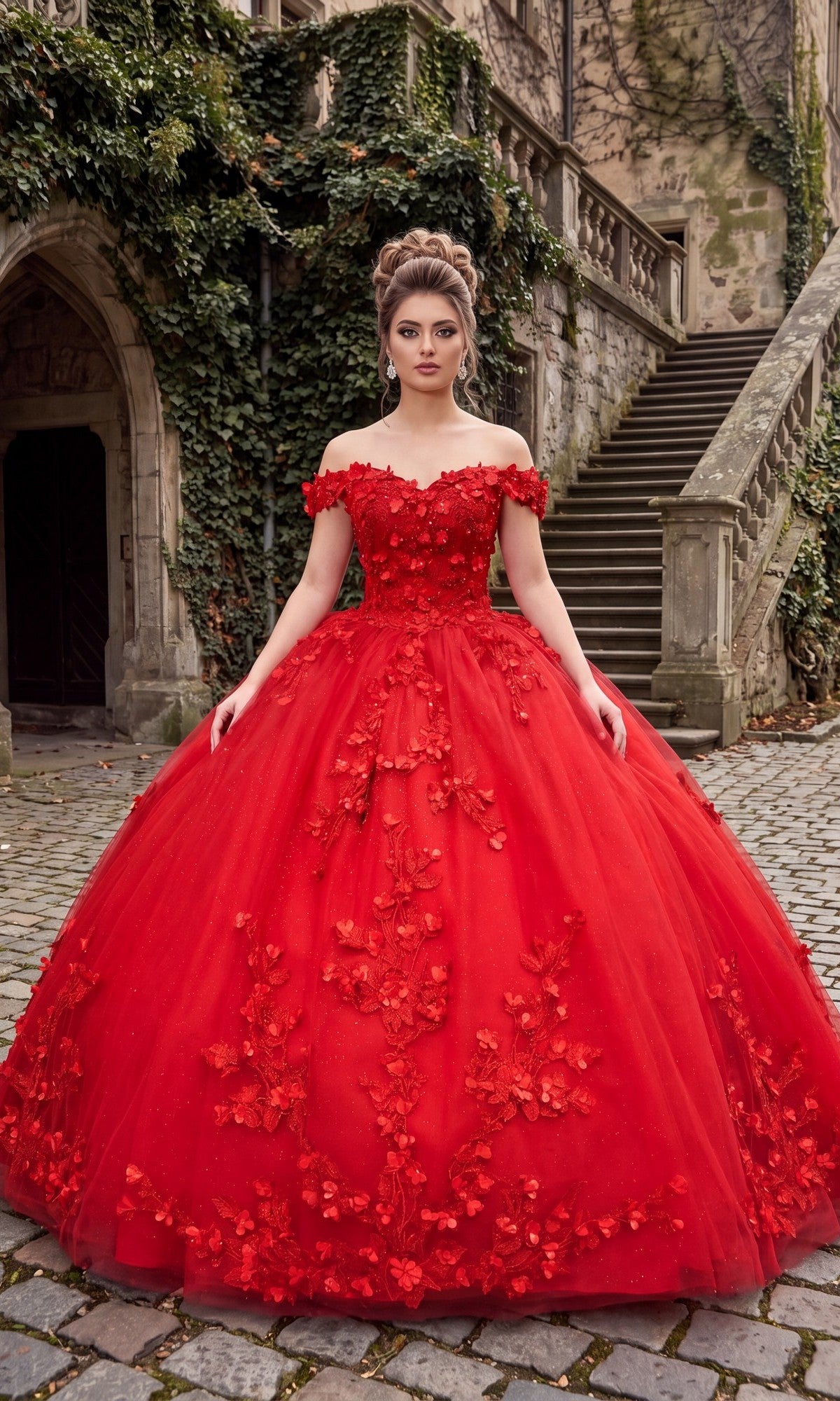 A woman wearing the Quinceanera Dress CHF3074 By Chicas in vibrant red, featuring floral appliqué and delicate lace embroidery, stands on cobblestone near stone steps beside an ivy-covered building.